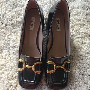 BiBi Black Patent Heels with Gold Detail